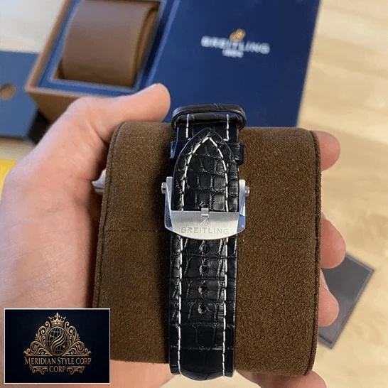 Breitling Black Leather Bracelet Steel Replica on the stand