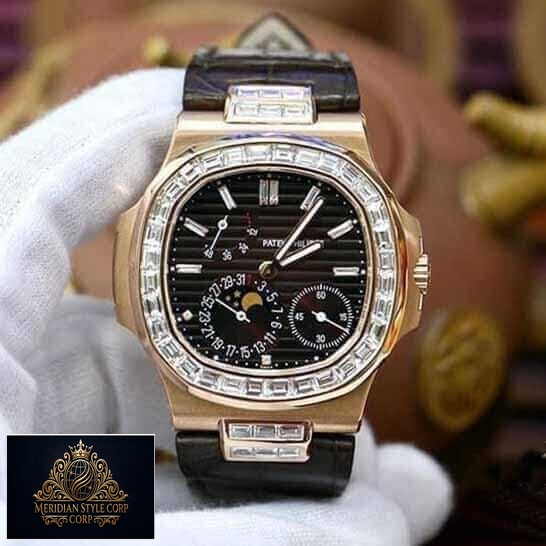 Patek Philippe Black Dial Diamond Bezel Leather Bracelet Replica on the hand