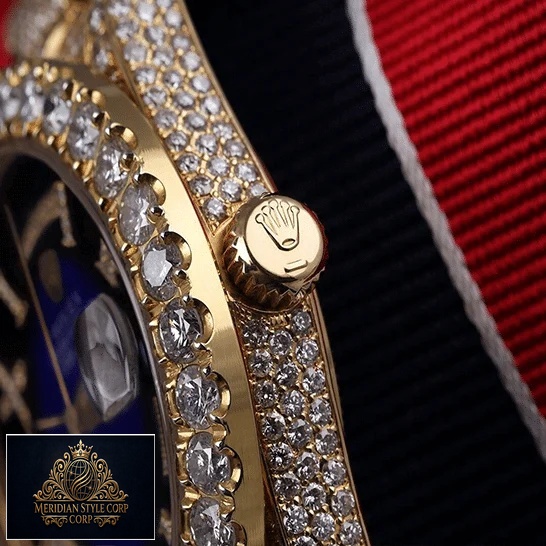 Rolex Day-Date 36 18038 Full Diamond Case Replica Gold Crown Pusher
