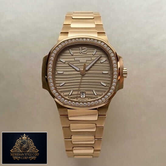 Patel Philippe Geneve Gold Diamond Bezel Replica front view rose gold background