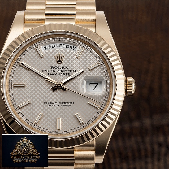 Rolex Day-Date 228238 Replica Yellow Gold Bezel &Brown Wave background