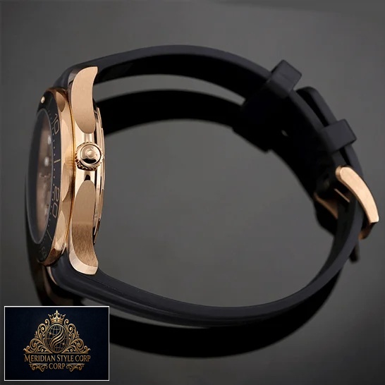 Omega Black Rubber Bracelet Gold Case Replica side view