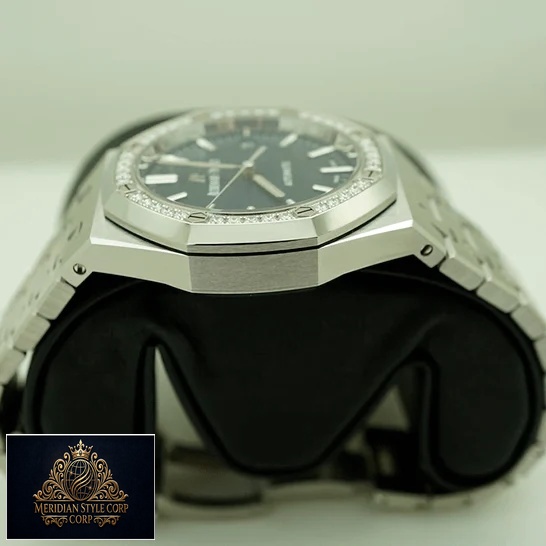 Audemars Piguet Royal Oak Blue Dial Diamond Bezel Replica on the black stand