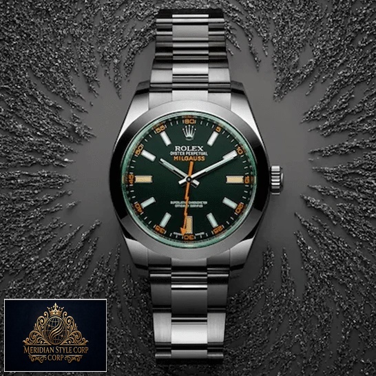 Rolex Milgauss 116400GV-0001 Green Crystal Oyster Replica on the table