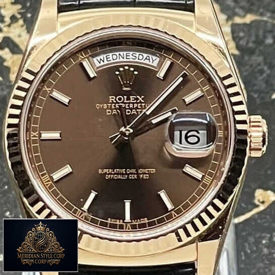 Rolex Day-Date 128238 "Black Leather" Super Accurate Clone Rolex Day Date 118139 Rose Gold Case Brown Dial