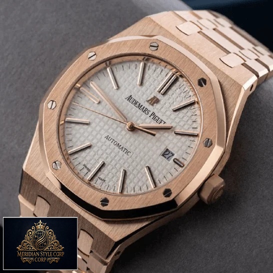 Audemars Piguet Royal Oak 15400 White Dial Gold Replica on the stand