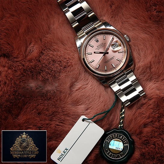 Rolex Datejust 116200 Pink Dial Replica next to the quarantine card on soft ground