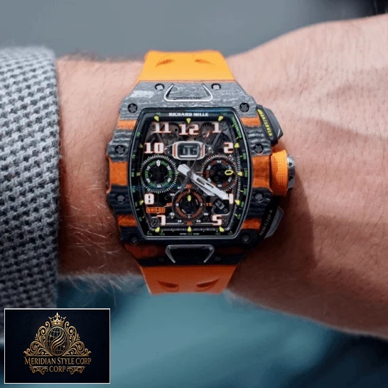 Richard Mille Mclaren hand Orange Rubber Bracelet Replica on the man wrist
