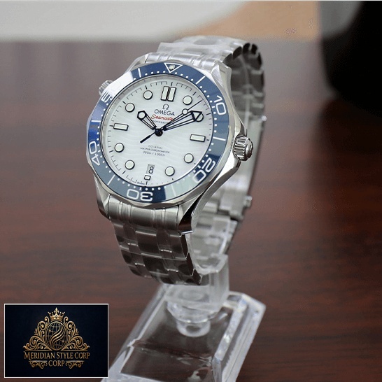 Omega Seamaster Blue Bezel White Dial Replica on the stand