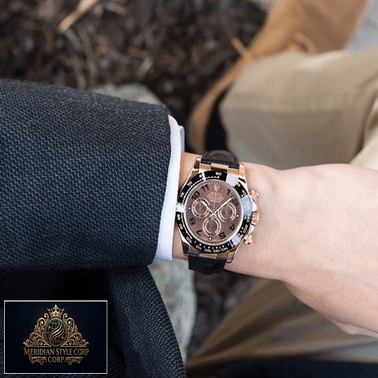 Rolex Daytona Cosmograph 116515LNBR Black Leather Bracelet Replica on is arm