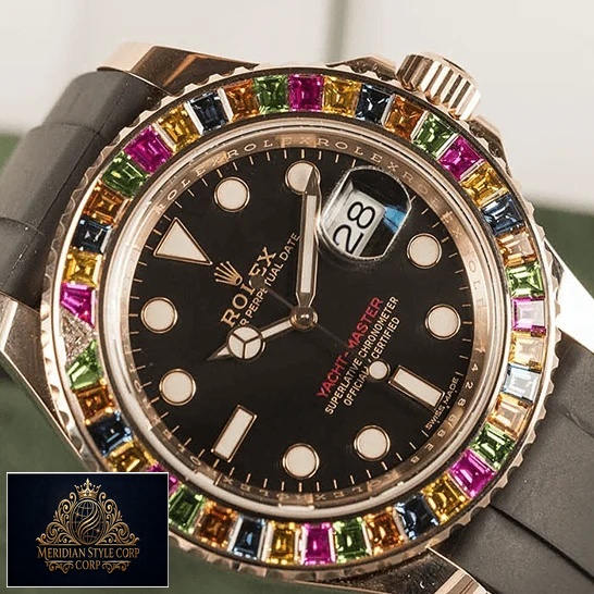 Rolex Yacht-Master Gem-Set Bezel 116695 Super Clone Quality rolex perpetual yacht master with gem Rolex Perpetual Yacht Master Black Dial Replica leather bracelet
