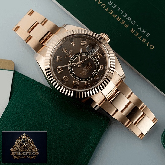 Rolex Sky-Dweller Chocolate Dial Rose Gold 326935-0003 Oyster Replica on the table