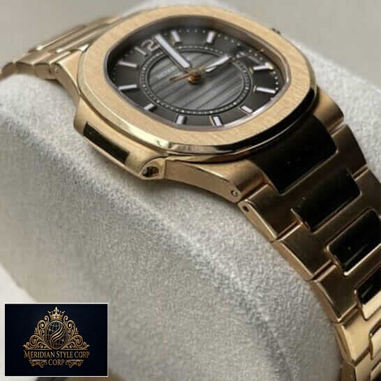 Patek Philippe 7011-1R-010 Black Dial Gold Case Replica on the stand