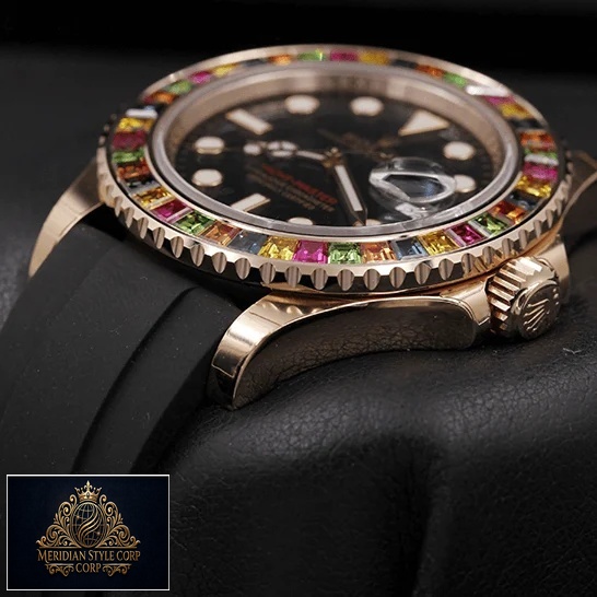 Rolex Yacht-Master Gem-Set Bezel 116695 Super Clone Quality rolex perpetual yacht master with gem set bezel 116695 replica man left Rolex Perpetual Yatch Master Gem Set 116695 Replica black background