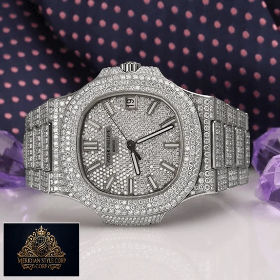 Patek Philippe Nautilus "Iced Out" 5719/10G Authentic Copy 1:1 patek philippe nautilus jumbo white dial 5719 10G 010 iced out replica front two