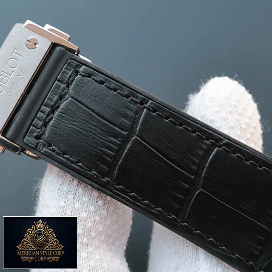 Hublot Classic Fusion Black Leather Bracelet Steel Clasp Replica on the white glove hand