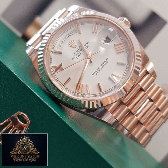 Rolex Day-Date 228235 "White Dial" Signature Replica 1:1 rolex day date 228235 KW rose gold white dial replica left side Rolex Day-Date 228235 White Dial Romen Numerial Replica on the Rolex Box