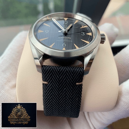 Omega Railmaster Black Dial Black Buckle Replica on the hand
