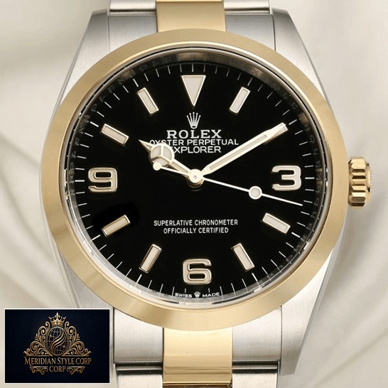 Rolex 2021 Explorer 124273 Yellow Gold Bezel Replica cream tulle background