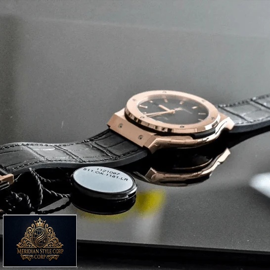 Hublot Classic Fusion Gold Bezel Black Leather Bracelet Replica black background