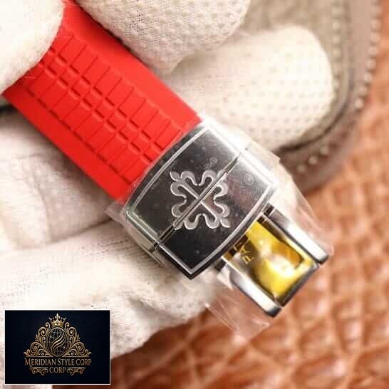 Patek Philippe Red Rubber Bracelet Steel Clasp Replica on the hand