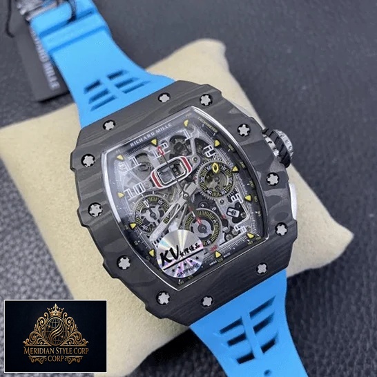 Richard Mille RM01103 Blue Rubber Bracelet Black Dial Replica on the stand