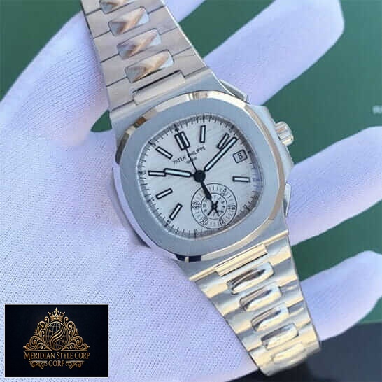 Patek Philippe White Dial Geneve Steel Bracelet Replica on the hand