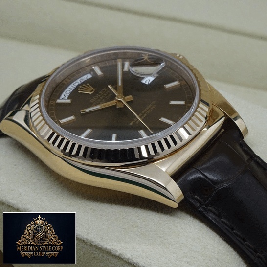 Rolex Day-Date 118139-0004 V5 Stainless Steel Case Black Leather Brecelet Replica