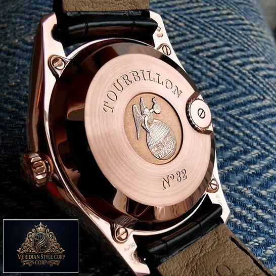 Omega Tourbillion Gold Case Leather Bracelet Replica upside view