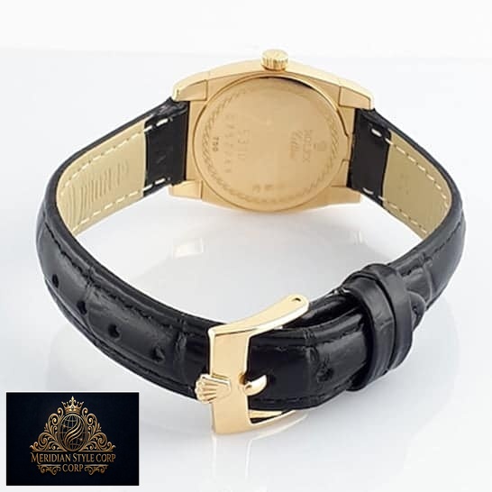 Rolex Geneve Cellini black leather bracelet rolex emblem on buckle