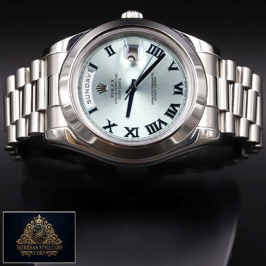 Rolex Day-Date II Stainless Steel Ice Blue Roman Dial 218206 Replica