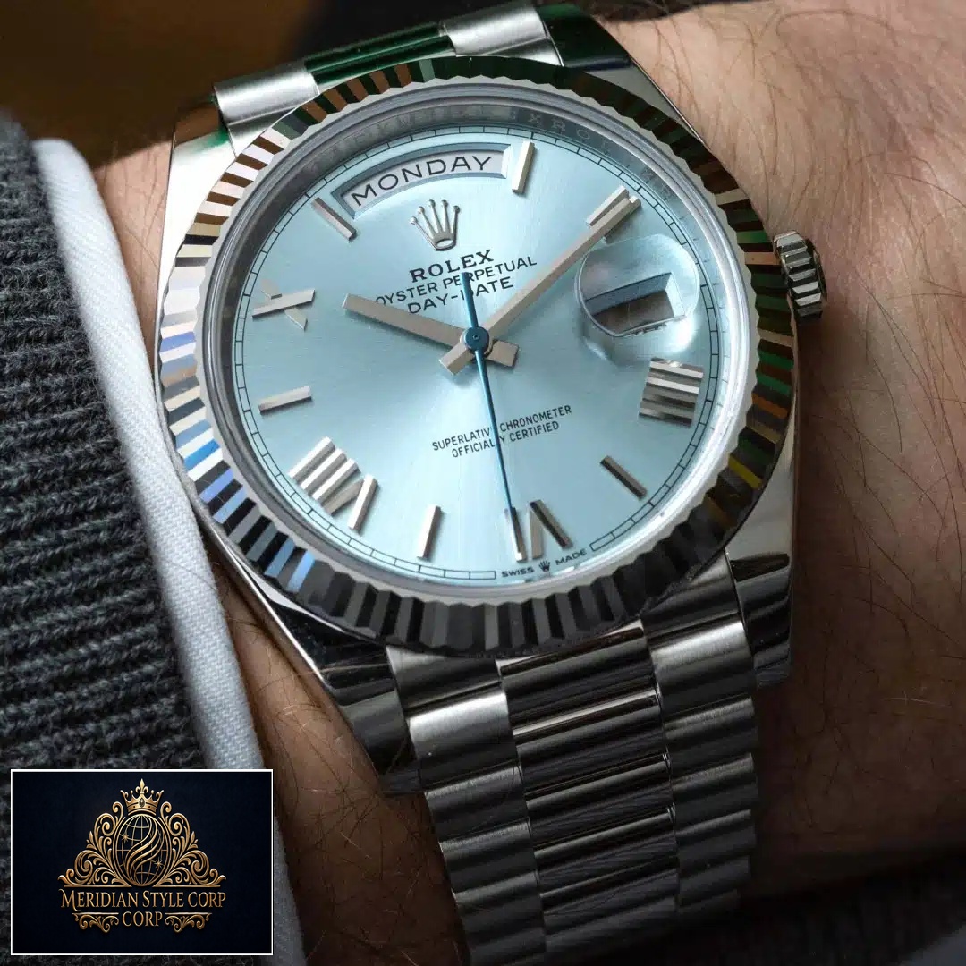 Rolex Day Date 228236 Ice Blue Grooved Replica on is arm