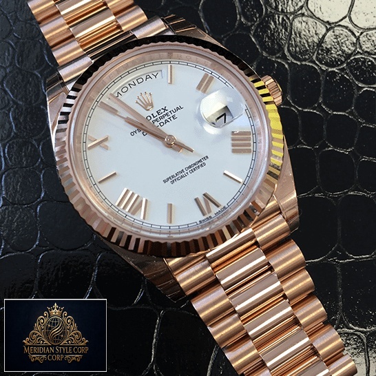 Rolex Day-Date 228235 "White Dial" Signature Replica 1:1 Rolex Day-Date 228235 Rose Gold Replica on the black leather table