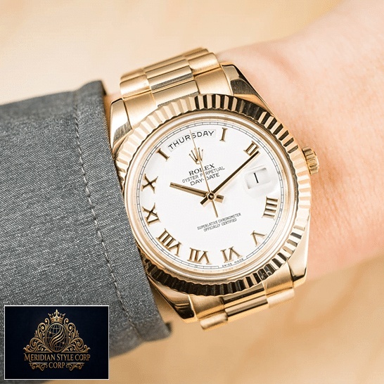 Rolex Day-Date II Collection Gold Silver White Dial 218238 Replica on is arm