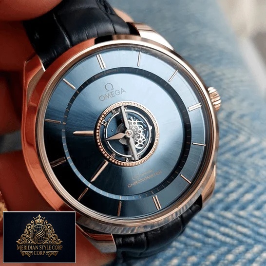 Omega Tourbillion Blue Dial Gold Case Replica blue background