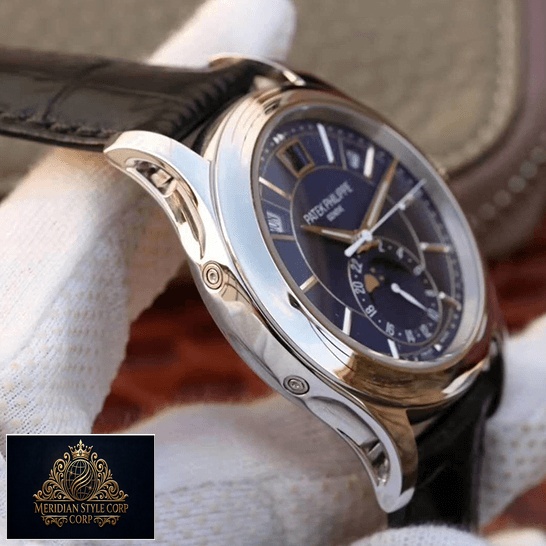 Patek Philippe Complications Steel Case Black Leather Bracelet Replica on the hand
