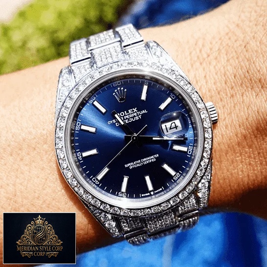 Rolex Datejust 126300 Blue Dial with white Stick Iced Out Replica on his arm