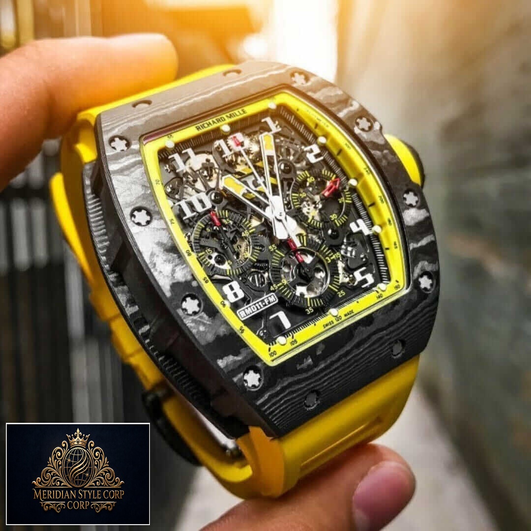 Richard Mille Black Bezel Yellow Bracelet Replica on the hand