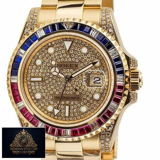 Rolex GMT Master II 116758 SARU Yellow Gold Diamonds Dial Iced Out Replica