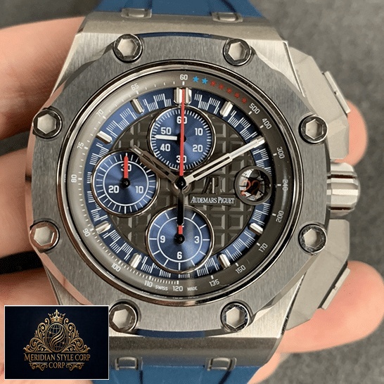 Audemars Piguet Royal Oak Black Dial Blue Rubber Bracelet Replica front view