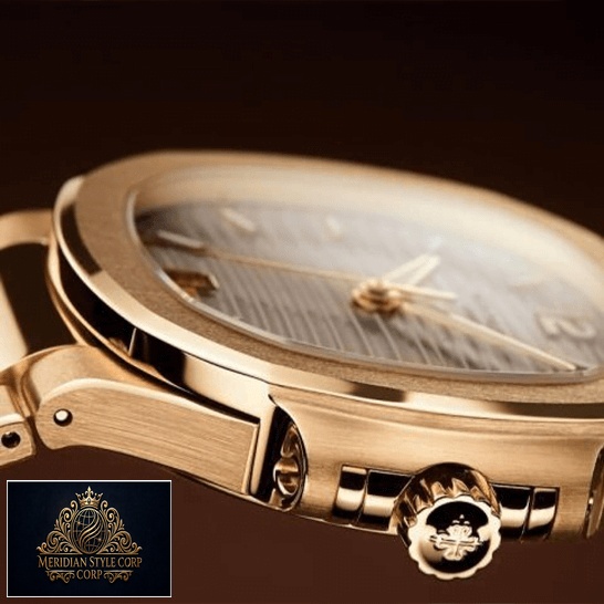 Patek Philippe Nautlus Ladies Golden Rose Replica side view crown on the logo