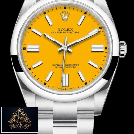 Rolex Perpetual 124300 Yellow Dial Stick indices Replica and Black Background