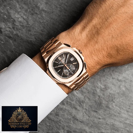 Patek Philippe Nautilus Rose Gold Bezel Black Case Replica on the man wrist