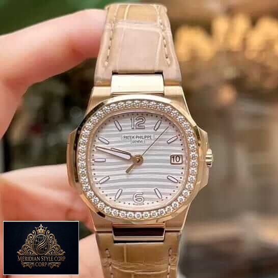 Patek Philippe Nautilus Leather Bracelet Diamond Bezel Replica on the hand