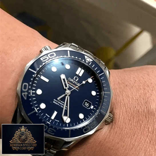 Omega Seamaster Blue Dial Stainless Steel Bracelet Replica on the wrist