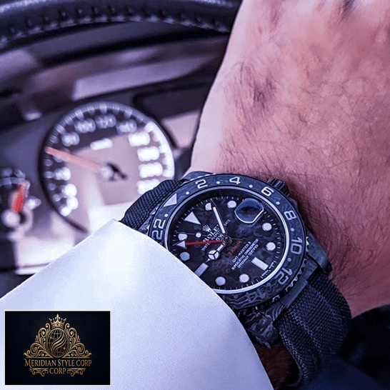 Rolex DiW NTPT Carbon Black Replica on his arm
