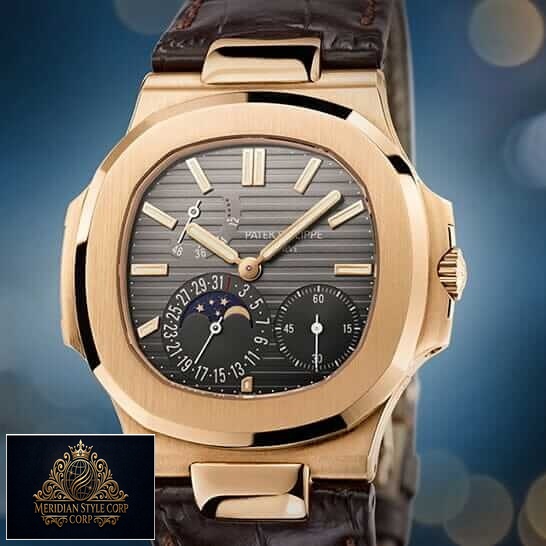 Patek Philippe Nautilus Black Dial Leather Bracelet Replica blue background