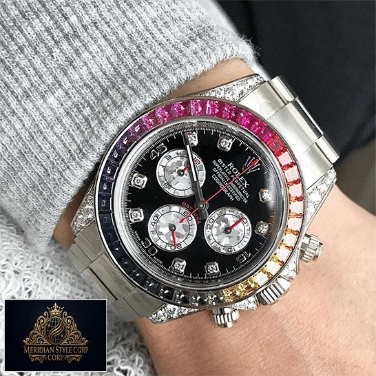 Rolex Daytona White Gold Diamond Set Custom Case 116599RBOW Replica on his arm