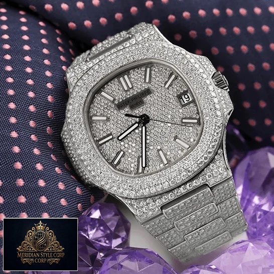 Patek Philippe Nautilus "Iced Out" 5719/10G Authentic Copy 1:1 patek philippe nautilus jumbo white dial 5719 10G 010 iced out replica front three