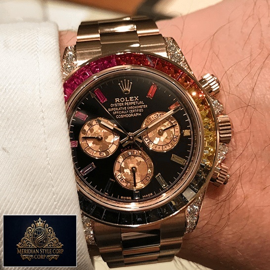 Rolex Daytona Cosmograph Rainbow Bezel Black Dial 116519 Oyster Replica on his hands